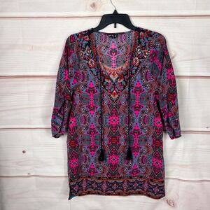 NLW Top Womens Small Purple Geometric Tunic Tassels Pullover 3/4 Sleeve Woven